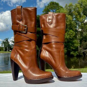 KORS Michael Kors Lisa Mid-Calf Heel Wrap Buckle Biker Boots Saddle Size 7M